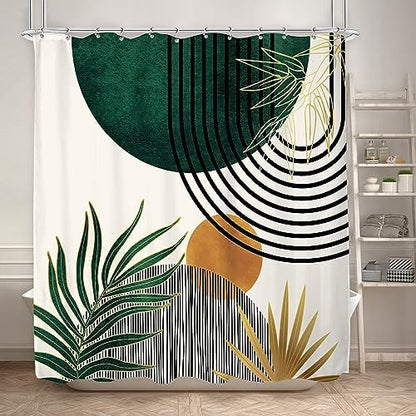 KOMLLEX Mid Century Green Boho Abstract Modern Bathroom Shower Curtain Set