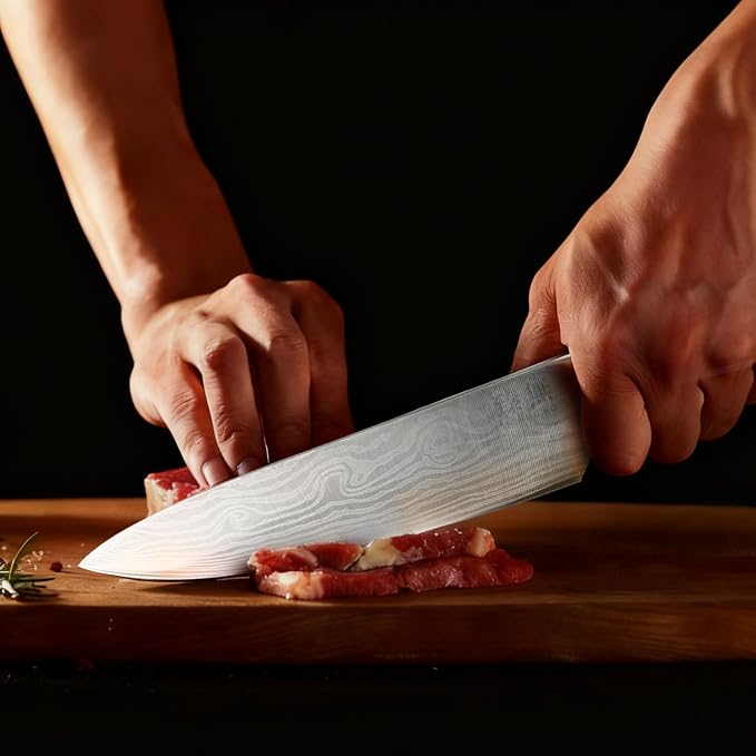 5-Piece Kitchen Knife Set, High Carbon Stainless Steel Blades with Wave Pattern, Ergonomic Pakkawood Handle - Includes 8" Chef, 8" Bread, 7" Santoku, 5" Utility & 3.5" Paring Knives