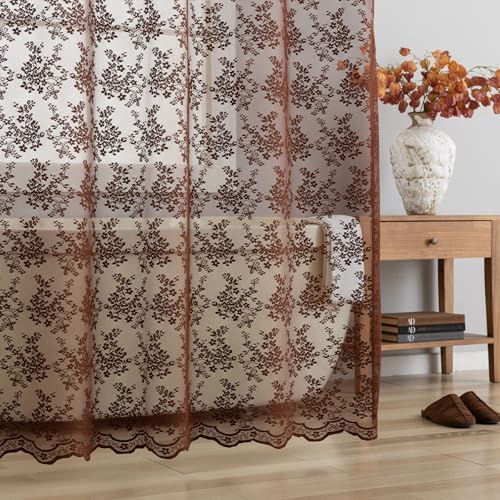 TUDECO Lace Brown Shower Curtain with Attached Valance, 72 x 72 Inch