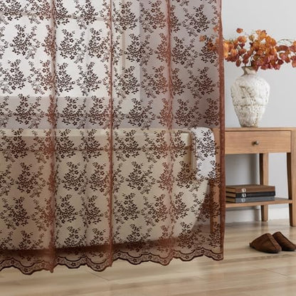 TUDECO Lace Brown Shower Curtain with Attached Valance, 72 x 72 Inch