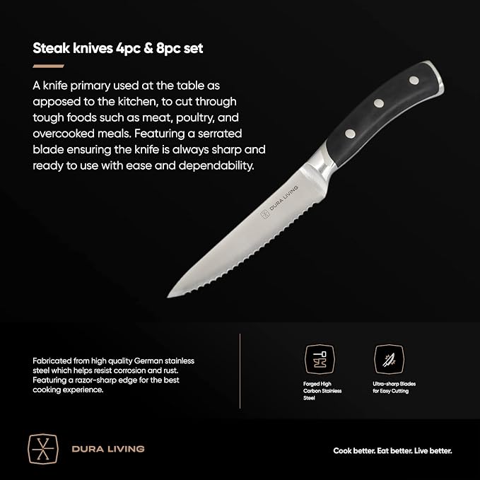 DURA LIVING 4-Piece Serrated Kitchen Steak Knife Set – Forged High Carbon Stainless Steel, Ultra Sharp, Ergonomic Black Handles, Durable Dinner Knives, Black Handle