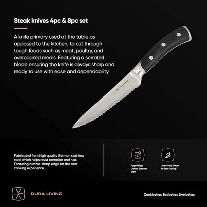 DURA LIVING 4-Piece Serrated Kitchen Steak Knife Set – Forged High Carbon Stainless Steel, Ultra Sharp, Ergonomic Black Handles, Durable Dinner Knives, Black Handle