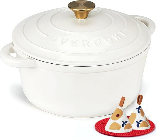 Overmont Enameled Cast Iron Dutch Oven - 4.5QT Pot with Lid Cookbook & Cotton Potholders - Heavy-Duty Cookware for Braising, Stews, Roasting, Bread Baking PearlWhite