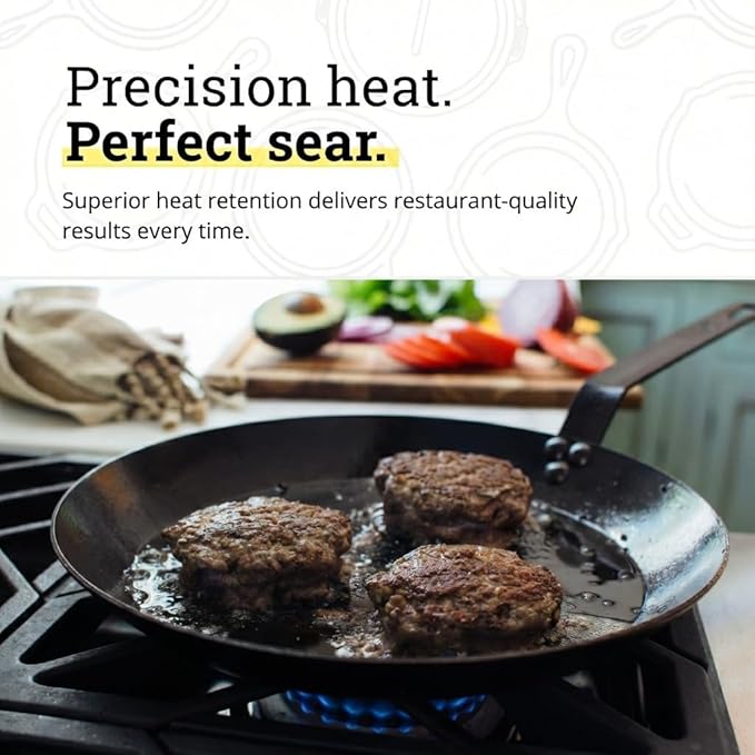 Lodge 12 Inch Carbon Steel Skillet - PFAS-Free Pre-Seasoned Carbon Steel Frying Pan for High-Heat Searing - Long Handle Design for Omelets, Grilling, and Campfire Cooking, Black - Made in the USA