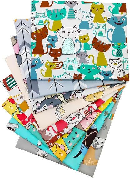 8 pcs/lot Fat Quarter Fabric Bundles 100% Cotton 19.69'' x 19.69'' (50 x 50cm) Cotton Fabric Pre-Cut Squares Sheets for Patchwork Sewing Quilting Crafting, Dog Cat Pattern.