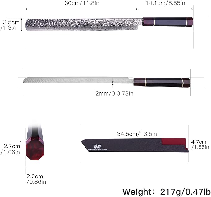 FINDKING Eternity Series Brisket Slicing Knife with ABS Sheath, Sharp Carving Knife for Meat, BBQ Must-Have, 9Cr18MoV Damascus Steel Blade, Resin Octagonal Handle, 12 Inches