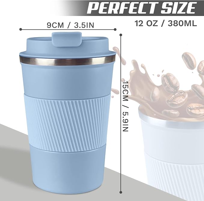 SPLMIFA Vacuum-Insulated Stainless Steel Travel Coffee Mug, Leak-Proof Reusable Coffee Cup with Lid - Keep Hot & Cold Drinks for Hours, Durable Insulated Tumbler for Men & Women(3rd-Light Blue, 12OZ)