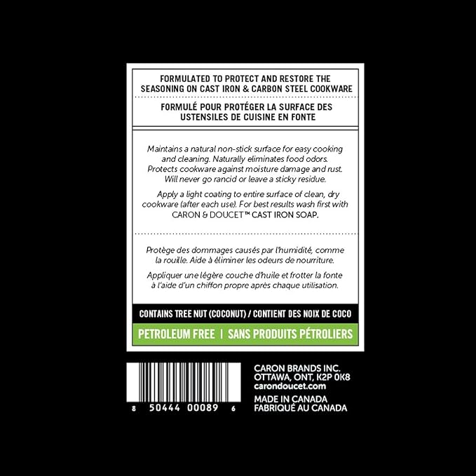 CARON & DOUCET - Cast Iron Cleaning & Conditioning Set: Seasoning Oil & Cleaning Soap | 100% Plant-Based | Best for Washing, Restoring & Seasoning Cast Iron Skillets, Pans & Grills! 8oz Each