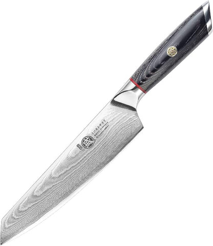 MITSUMOTO SAKARI Chef Knife 7 inch - 67-Layer AUS-10 Damascus Steel, Hand Forged Japanese Kiritsuke Knives, PakkaWood Handle & Sandalwood Box