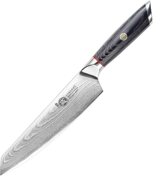 MITSUMOTO SAKARI Chef Knife 7 inch - 67-Layer AUS-10 Damascus Steel, Hand Forged Japanese Kiritsuke Knives, PakkaWood Handle & Sandalwood Box