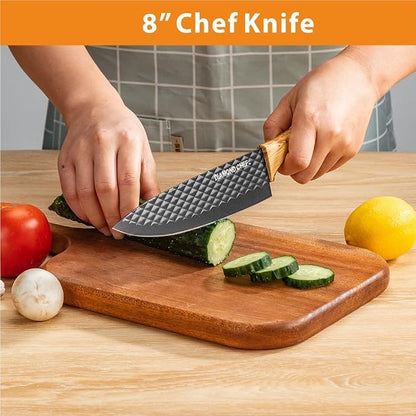 3-Piece Graphene Knife Set, 8" Chef Knife, 5" Utility Knife, 3.5" Paring Knife, High Carbon Stainless Steel, Nonstick Graphene Coating, Ergonomic Wood-Grain Handle, Black