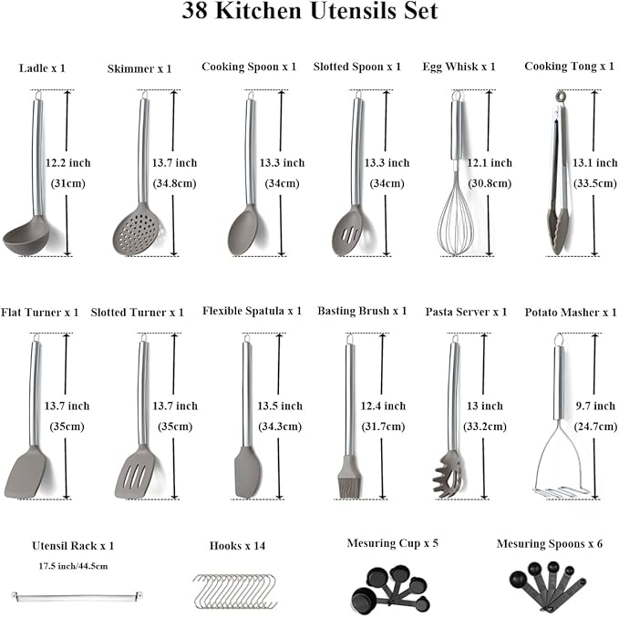38 Piece Silicone kitchen Cooking Utensils Set with Utensil Rack, Silicone Head and Stainless Steel Handle Cookware, Kitchen Tools for Utensil Sets, Non-Stick kitchen Gadgets, Dishwasher Safe(Silver)