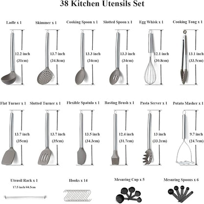 38 Piece Silicone kitchen Cooking Utensils Set with Utensil Rack, Silicone Head and Stainless Steel Handle Cookware, Kitchen Tools for Utensil Sets, Non-Stick kitchen Gadgets, Dishwasher Safe(Silver)