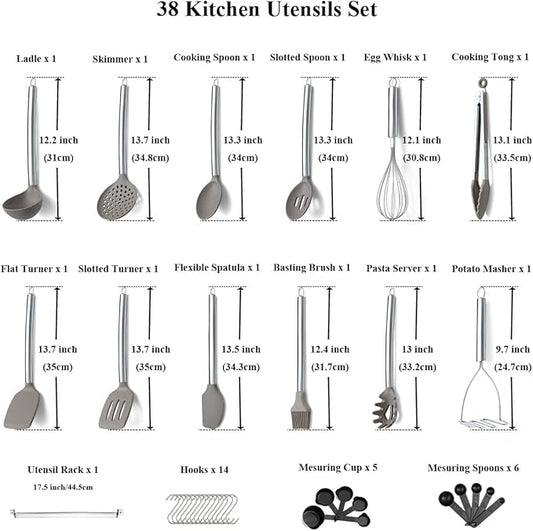 38 Piece Silicone kitchen Cooking Utensils Set with Utensil Rack, Silicone Head and Stainless Steel Handle Cookware, Kitchen Tools for Utensil Sets, Non-Stick kitchen Gadgets, Dishwasher Safe(Silver)