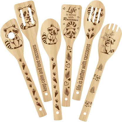 6Pcs 6 Styles Animal Cooking Spoon for Kitchen 11.8 x 2.4 Inch Bamboo Cooking Utensils Durable Wood Raccoon Kitchen Spoon Set for Housewarming Wedding Birthday Gift Farmhouse Home Decor