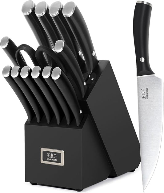 WANGMAZI Professional Kitchen Knife Set, 15 Pcs Sharp Kitchen Knife Set with Built-In Knife Sharpener, Dishwasher Safe, German Stainless Steel Knife Block Set for Home Kitchen Gifts, Black