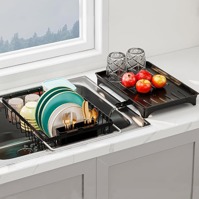 Small Dish Drying Rack in Sink, Expandable Stainless Steel Dish Drainers for Kitchen Counter, with Drain Board & Utensil Holder(Black)