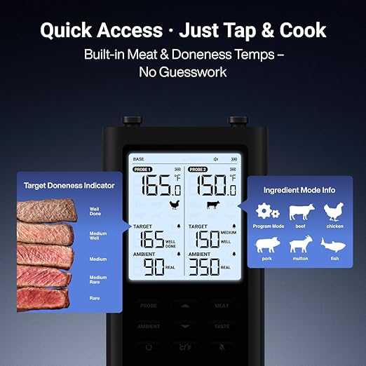 ThermoMaven 3000FT Smart Wireless Meat Thermometer – Sub-1G Long Range, 6 Sensors NIST Certified Accuracy, 2 Thin Probes, Standalone Base with Large LCD for Grill, Smoker, Oven, BBQ
