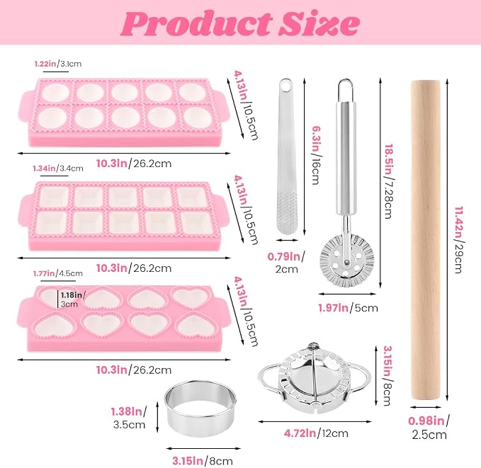8PCS Ravioli Maker Press Set,Ravioli Stamp Maker Cutter with Wood Rolling Pin,Empanada Maker-Press,Ravioli Wheel and Stuffing Spoon,for Homemade Pasta,Dumpling,Pastry Kit(Pink)