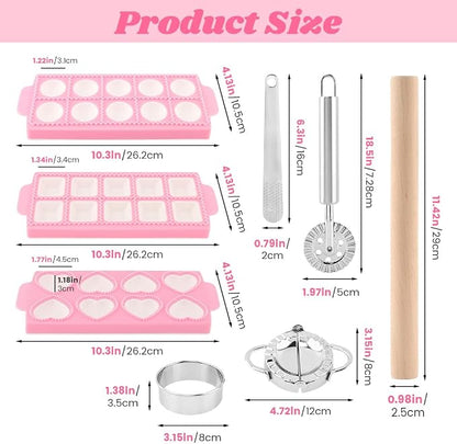 8PCS Ravioli Maker Press Set,Ravioli Stamp Maker Cutter with Wood Rolling Pin,Empanada Maker-Press,Ravioli Wheel and Stuffing Spoon,for Homemade Pasta,Dumpling,Pastry Kit(Pink)