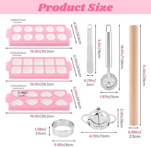 8PCS Ravioli Maker Press Set,Ravioli Stamp Maker Cutter with Wood Rolling Pin,Empanada Maker-Press,Ravioli Wheel and Stuffing Spoon,for Homemade Pasta,Dumpling,Pastry Kit(Pink)