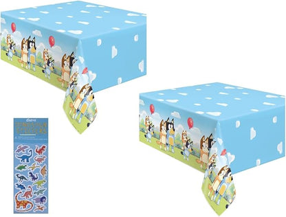 Unique Bluey Birthday Party Supplies Bundle Pack Includes 2 Plastic Table Covers and 1 Dinosaur Sticker Sheet