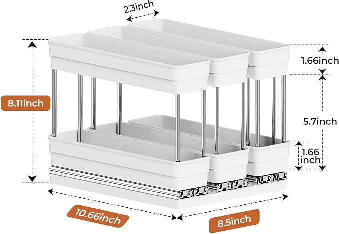 Mystozer Pull Out Spice Rack Organizer for Cabinet, Slide Out Spice Racks Organizer, Easy to Install Spice Cabinet Organizers, 2.3''Wx10.66''Dx8.11''H, 3 Packs-2 Tiers (White)