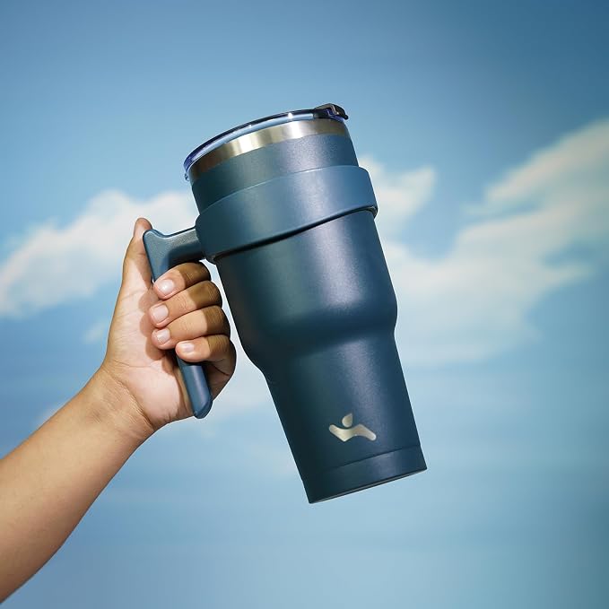 Konokyo 30 oz Tumbler with Handle and 2 Straw 2 Lid, Insulated Water Bottle Stainless Steel Vacuum Cup Reusable Travel Mug, Navy Blue
