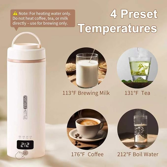 Travel Kettle, Portable Electric Kettle with 4 Temperature Controls, 304 Stainless Steel with Auto Shut-off & Leak Proof, Beige(120V)