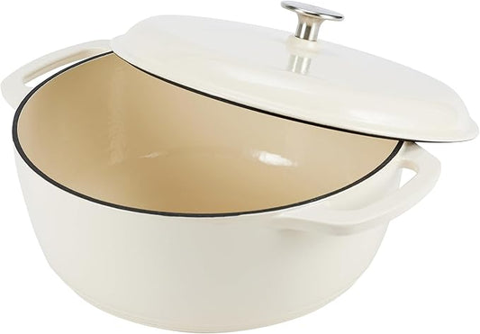 Amazon Basics Enameled Cast Iron Dutch Oven Pot with Lid, Round, Dual Handles, Heavy-Duty, Oven Safe for Stews, Roasting, Baking, 4.3-Quart, White