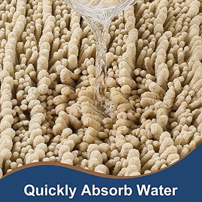 Luxury Chenille Beige Bathroom Rugs Sets 2 Piece, Thickened Hot Melt Rubber Bottom Bath Mats for Bathroom Non Slip,Bath Rugs Quick Dry Machine Washable for Shower Mat (47"x17"+17"x24")