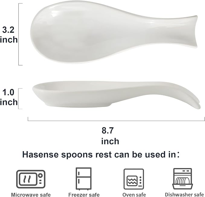Ceramic Spoon Rest for Stove Top, Large 8.7 Inch Spoon Holder for Kitchen Counter, Porcelain Utensil Rest for Ladle, Spatula, Housewarming Gift, Dishwasher Safe and Heat-Resistant, White, Set of 2