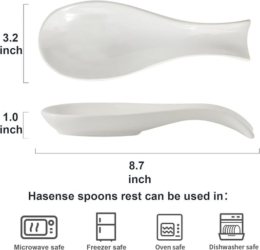 Ceramic Spoon Rest for Stove Top, Large 8.7 Inch Spoon Holder for Kitchen Counter, Porcelain Utensil Rest for Ladle, Spatula, Housewarming Gift, Dishwasher Safe and Heat-Resistant, White, Set of 2