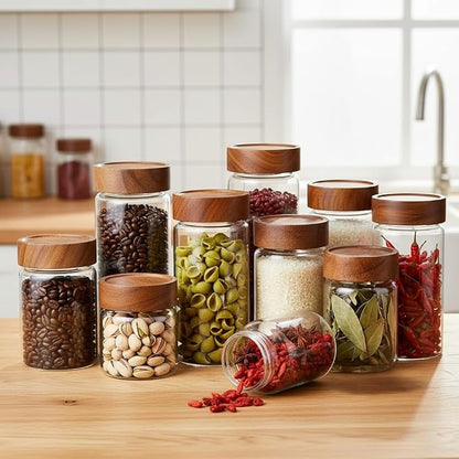 Sixhaven Wide Mouth Glass Storage Jars With 2.5" Acacia Wood Lids - Starter Pantry Set - 8 Jars - 4 Sizes - Food Storage Containers - Pantry Organizers and Storage (8, Transparent, Starter Pantry Set)