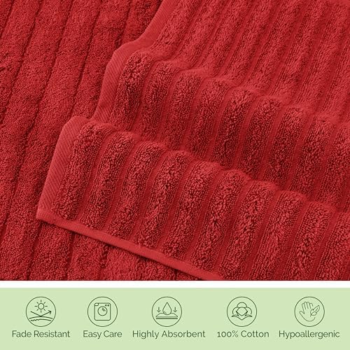 Elegant Comfort Luxury 100% Turkish Cotton Corduroy Ribbed 4 Pack Hand Towel Set 16 x 28 Inch - Absorbent, Super Soft, Quick Dry, Premium Towels for Bathroom, Gym, Spa and Hotel Use, Red