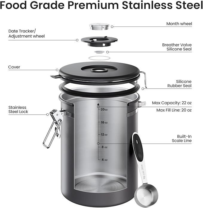 Veken Coffee Canister, Airtight Stainless Steel Kitchen Food Storage Container with Date Tracker and Scoop for Grounds Coffee, Beans, Tea, Flour, Cereal, Sugar, 22OZ, Gray