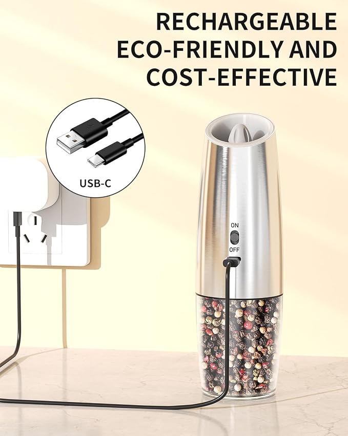 CIRCLE JOY Rechargeable Gravity Electric Salt and Pepper Grinder Set, Stainless Steels Salt and Pepper Mills with LED Light, No Battery Needed, Adjustable Coarseness, Washable 135ml Container, Silver