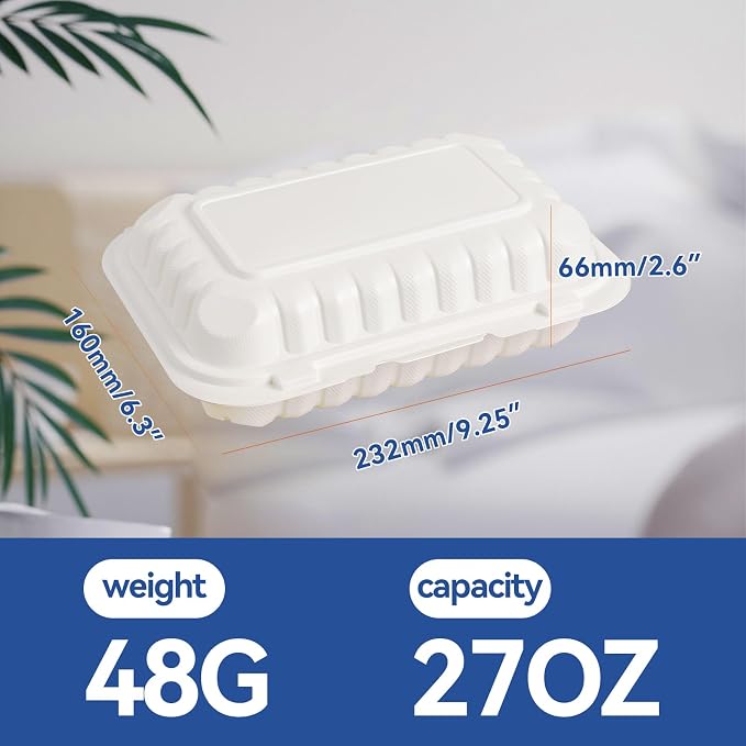 9x6 27 oz 50 Pack To Go Containers - Shrink Wrap Ready to Use | Mineral Filled PP BPA Free Clamshell | Freezer Microwave Safe | White Reusable Food Boxes for Commercial, Sandwiches & Salad