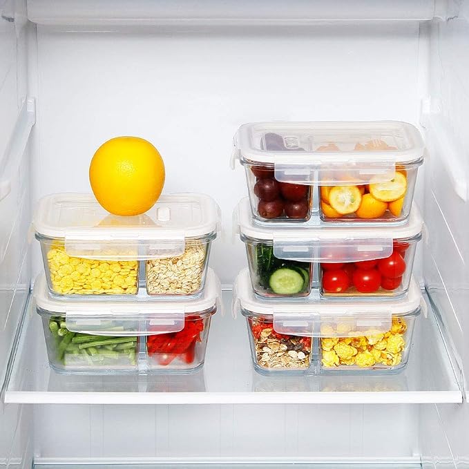DAS TRUST 3 Pack Glass Food Storage Containers 2 Compartments Glass Meal Prep Containers with Lids Lunch Containers for Adult Food Prep Container with Dividers Reusable Lunch Bento Box