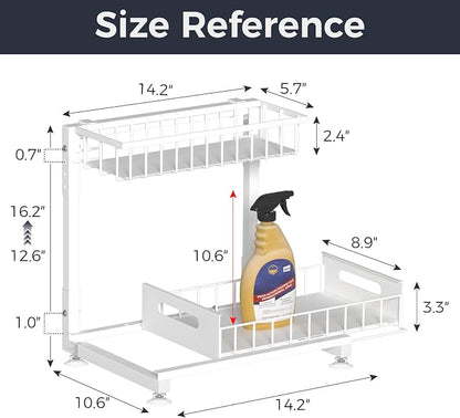 L-Shaped Under Sink Organizer, 2 Pack 2-Tier Pull Out Metal Kitchen Cabinet Organizer with Sliding Storage Drawer, Height Adjustable Heavy Duty Under Bathroom Sink Storage for Cleaning Supplies