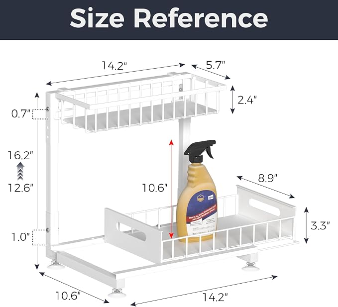 L-Shaped Under Sink Organizer, 2-Tier Pull Out Metal Kitchen Cabinet Organizer with Sliding Storage Drawer, Height Adjustable Heavy Duty Under Bathroom Sink Storage for Cleaning Supplies 1 Pack