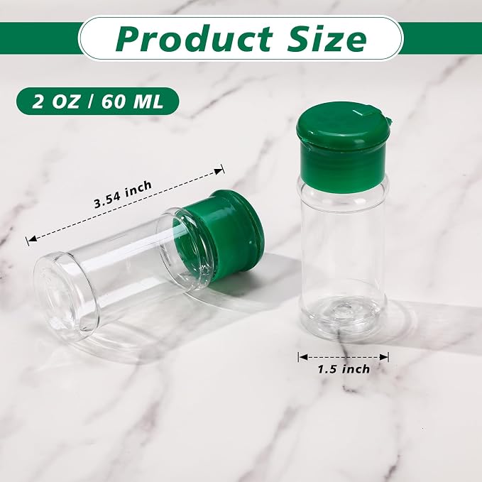 Amyhill 100 Pcs Plastic Spice Bottles Spice Jars with Green Cap Seasoning Jars Shaker 2 Oz/ 60ml Clear Bottle Containers with Shaker Lids for Storing Herbs and Seasoning Powders