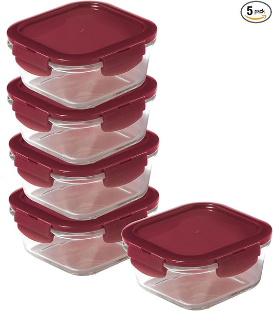 LocknLock Eco Ovenglass Glass Food Containers with Lids Set of 5 - Airtight, Leakproof Square Food Storage Containers with Recycled Plastic Lids, Oven Safe, Dishwasher Safe, 5 x 500ml