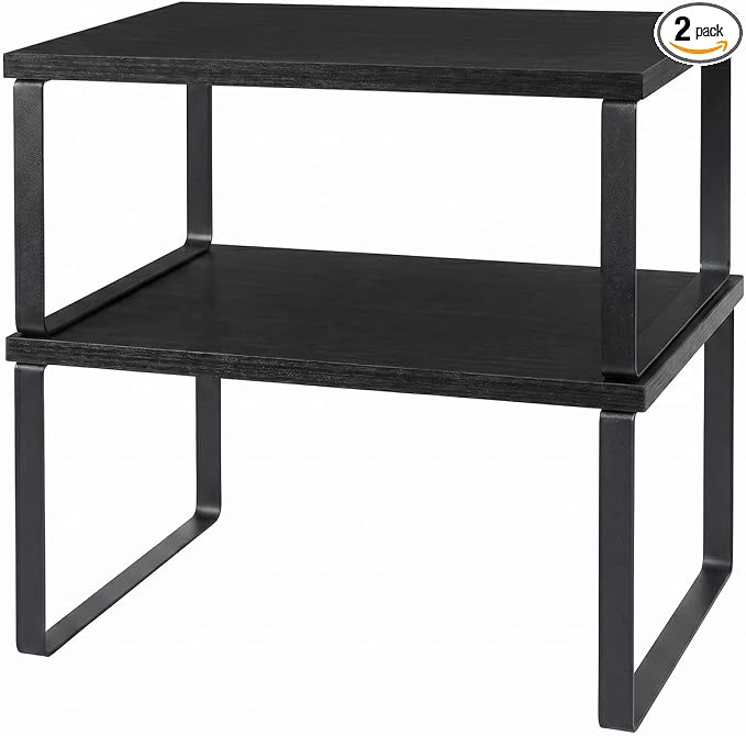 Kitchen Cabinet Organizer Shelf, Set of 2 Stackable Spice Rack Storage, Heavy Duty Metal & Wood Countertop Display Stand for Seasoning Bottles, Jars & Pantry Essentials（Black）