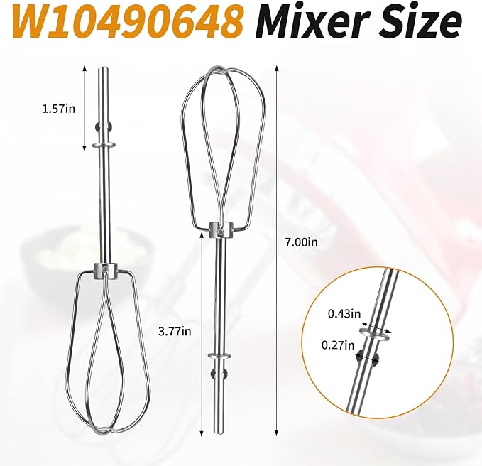 W10490648 Beaters Attachments for KitchenAid Hand Mixer, Stainless Steel Turbo Beaters Compatible with KitchenAid Mixer Replacement KHM2B AP5644233 PS4082859 Parts (2 Pack)