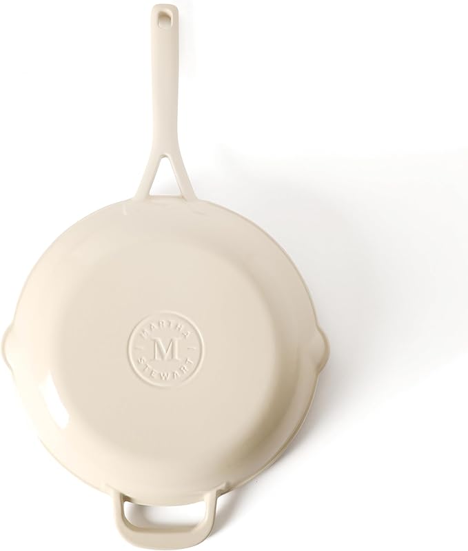 Martha Stewart Gatwick 12” Enameled Cast Iron Skillet, PFAS-Free, Linen White Exterior with Matte Black Enamel Interior, Rust Resistant, Oven Safe