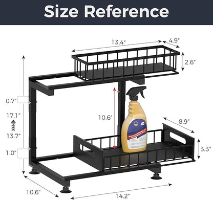 Saydear Under Sink Organizer, 2-Tier Premium Metal Pull-Out Racks with Adjustable Height, Heavy Duty Sliding Bin for Bathroom and Kitchen Cabinet Storage, Rust Resistant 2 Pack Black