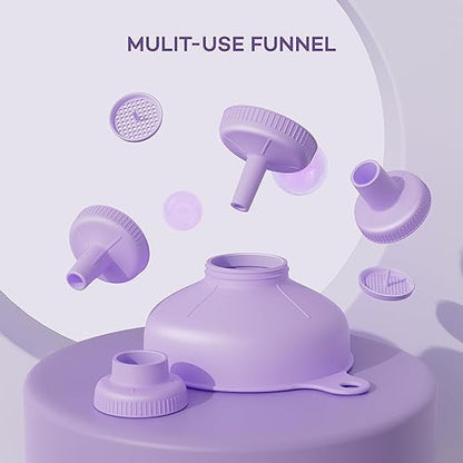 Pisol Wide Mouth Versatile Funnel, Canning Funnels for Kitchen Use, Food Grade Plastic Cooking Funnel Set with 4 Size Spouts and 2 Strainers for Filling Different Bottles and Bags, Purple