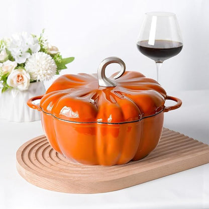 Pumpkin Cast Iron Dutch Oven, 4qt Pumpkin-Shaped Cocotte, Enamel Cast Iron Cooking Pot with Lid, Soup Pot - Serves 3-5, Christmas Thanksgiving Decor Gift, for Various Stoves