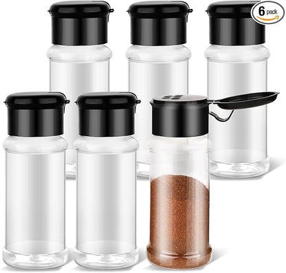 TIESOME 6 Pcs Plastic Spice Jars with Shaker Lids, 3 oz Clear Seasoning Containers for Spice Rack, Drawer, Cabinet Storage (Black Lid)